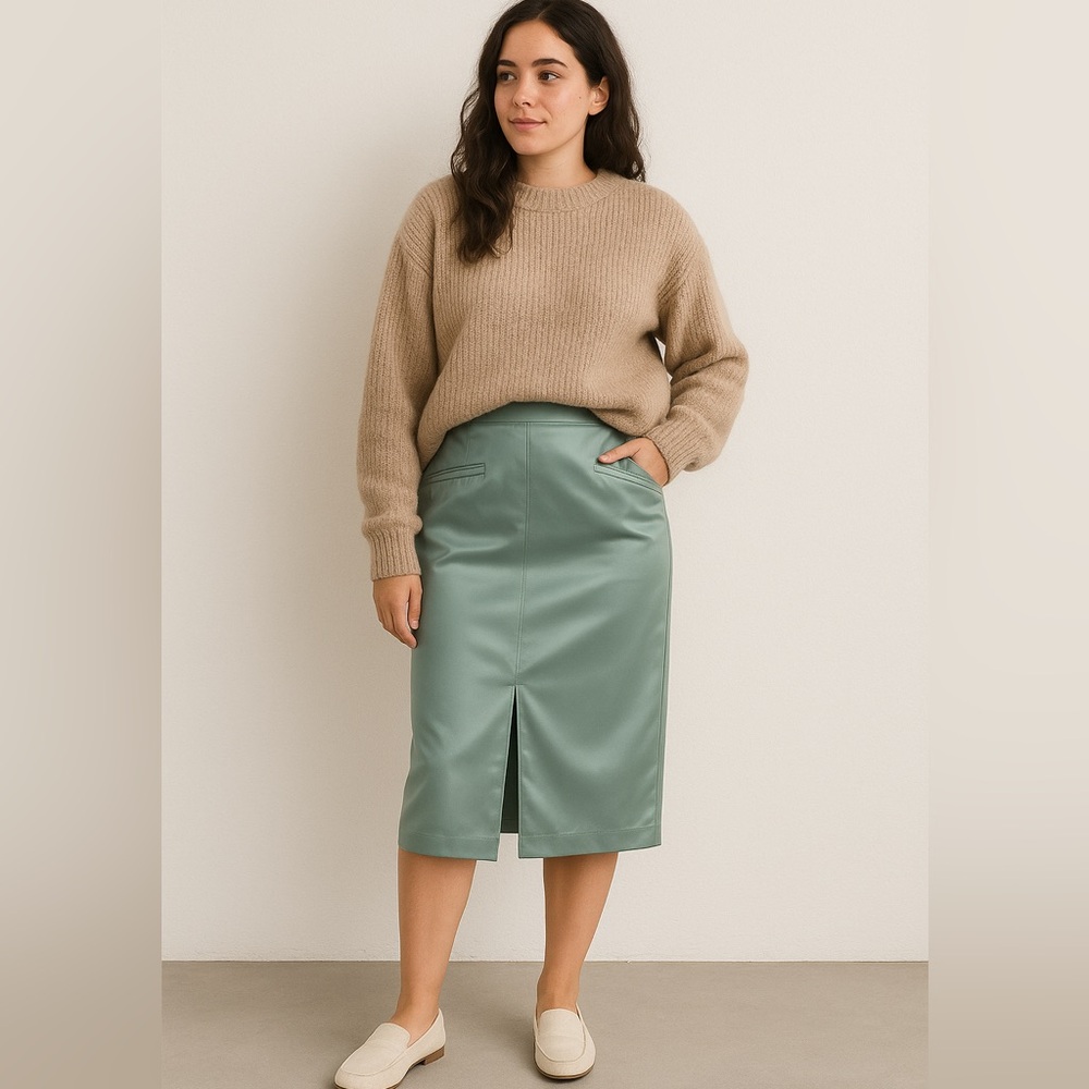 Cara Santana x Apt. 9 Matcha Green Satin Front Slit Pencil Skirt | Size 10